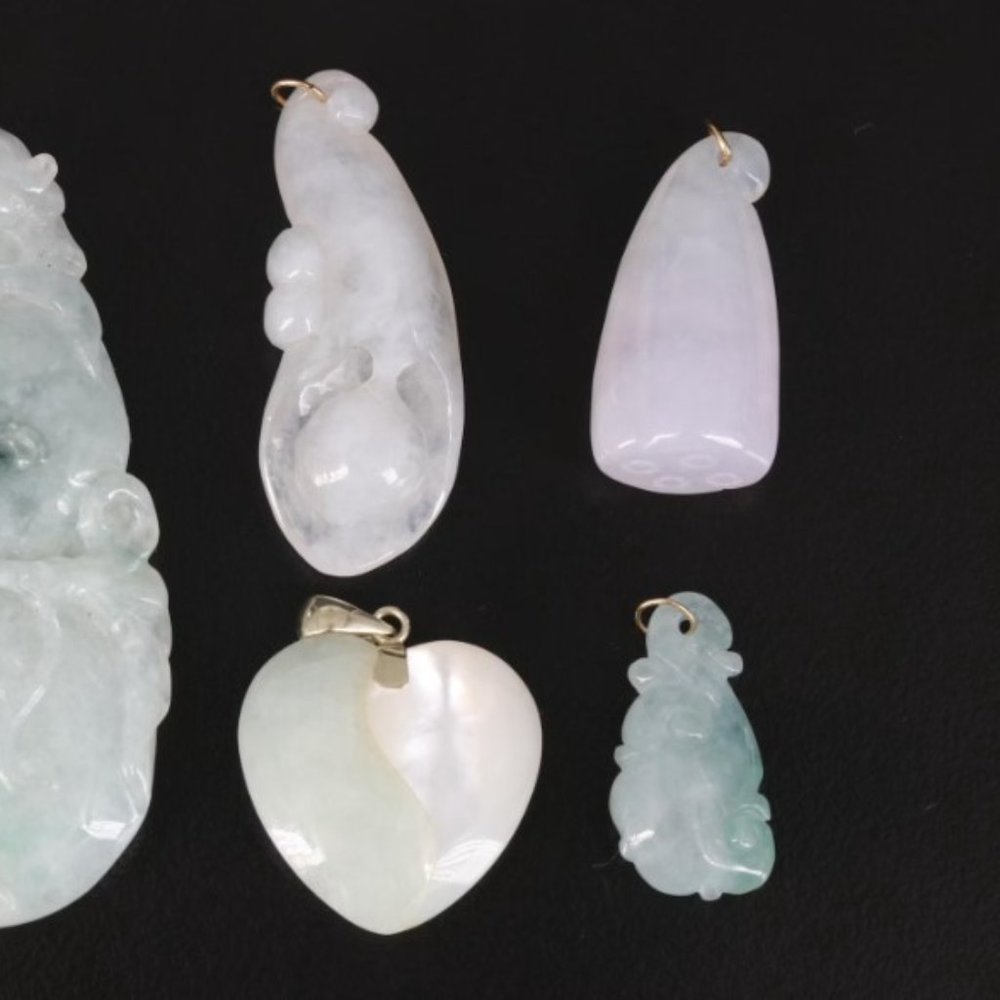 14K Gold Carved Jadeite and Mother-of-Pearl Pendants - Picture 5 of 8